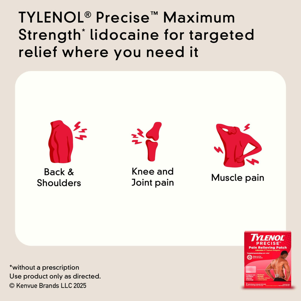 Tylenol Precise Pain Relieving Patches, Large Topical Analgesic Patches + Maximum OTC Strength Lidocaine Penetrates, Targeted Relief Ideal for Shoulder, Back & Knee Pain, Unscented, 4 ct - TrustMedUSA