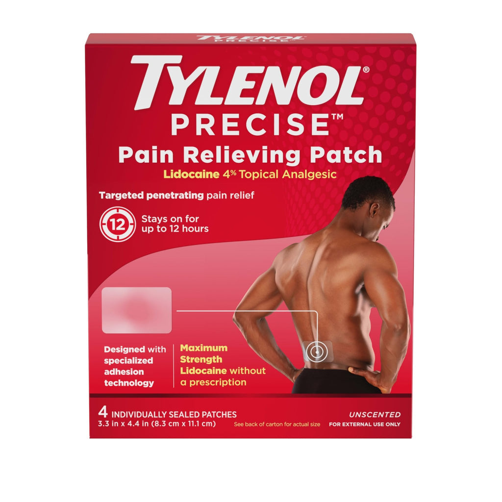 Tylenol Precise Pain Relieving Patches, Large Topical Analgesic Patches + Maximum OTC Strength Lidocaine Penetrates, Targeted Relief Ideal for Shoulder, Back & Knee Pain, Unscented, 4 ct - TrustMedUSA