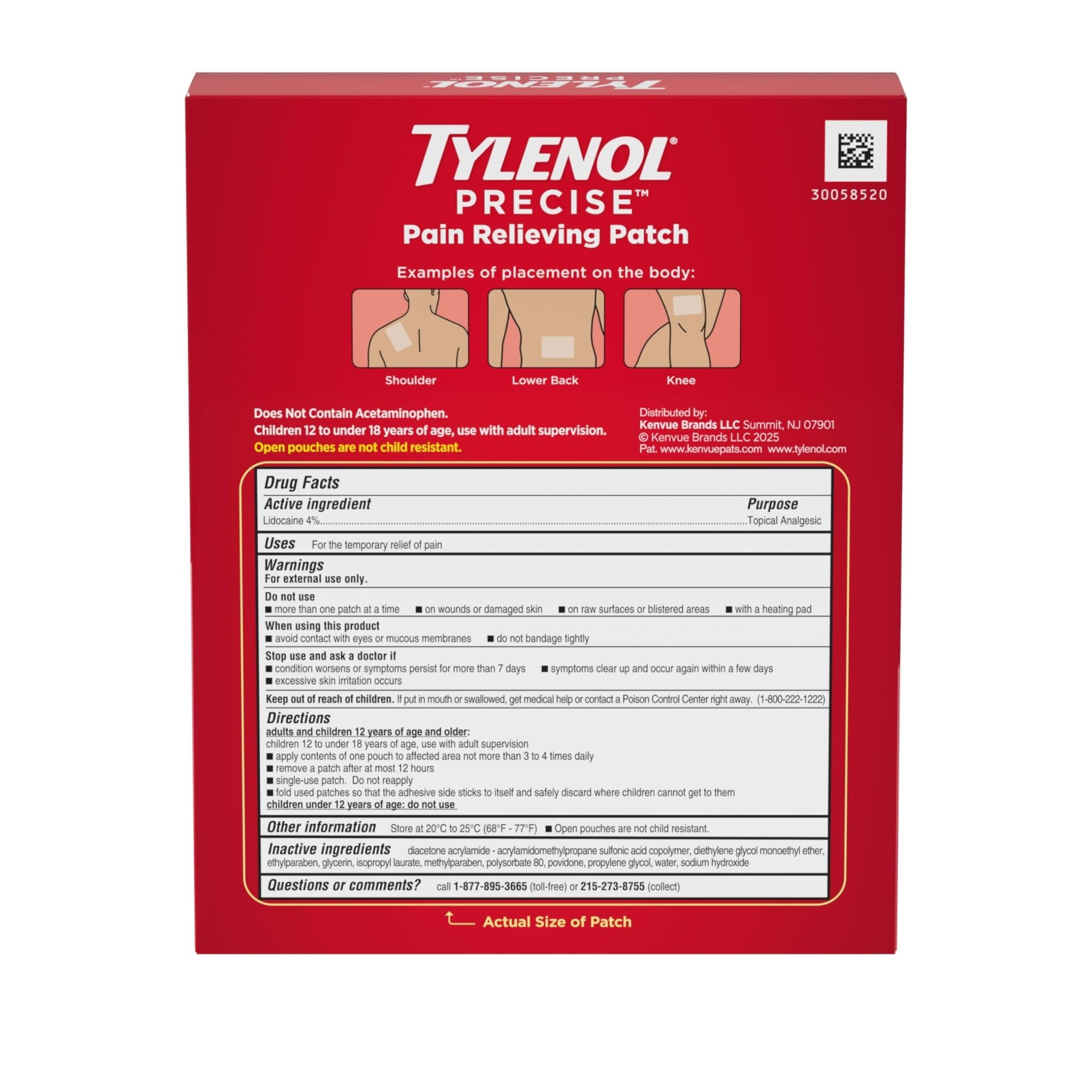 Tylenol Precise Pain Relieving Patches, Large Topical Analgesic Patches + Maximum OTC Strength Lidocaine Penetrates, Targeted Relief Ideal for Shoulder, Back & Knee Pain, Unscented, 4 ct - TrustMedUSA