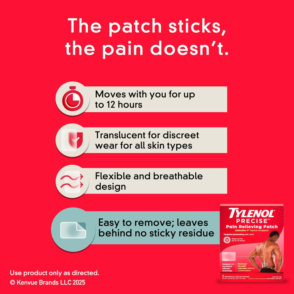 Tylenol Precise Pain Relieving Patches, Large Topical Analgesic Patches + Maximum OTC Strength Lidocaine Penetrates, Targeted Relief Ideal for Shoulder, Back & Knee Pain, Unscented, 4 ct - TrustMedUSA
