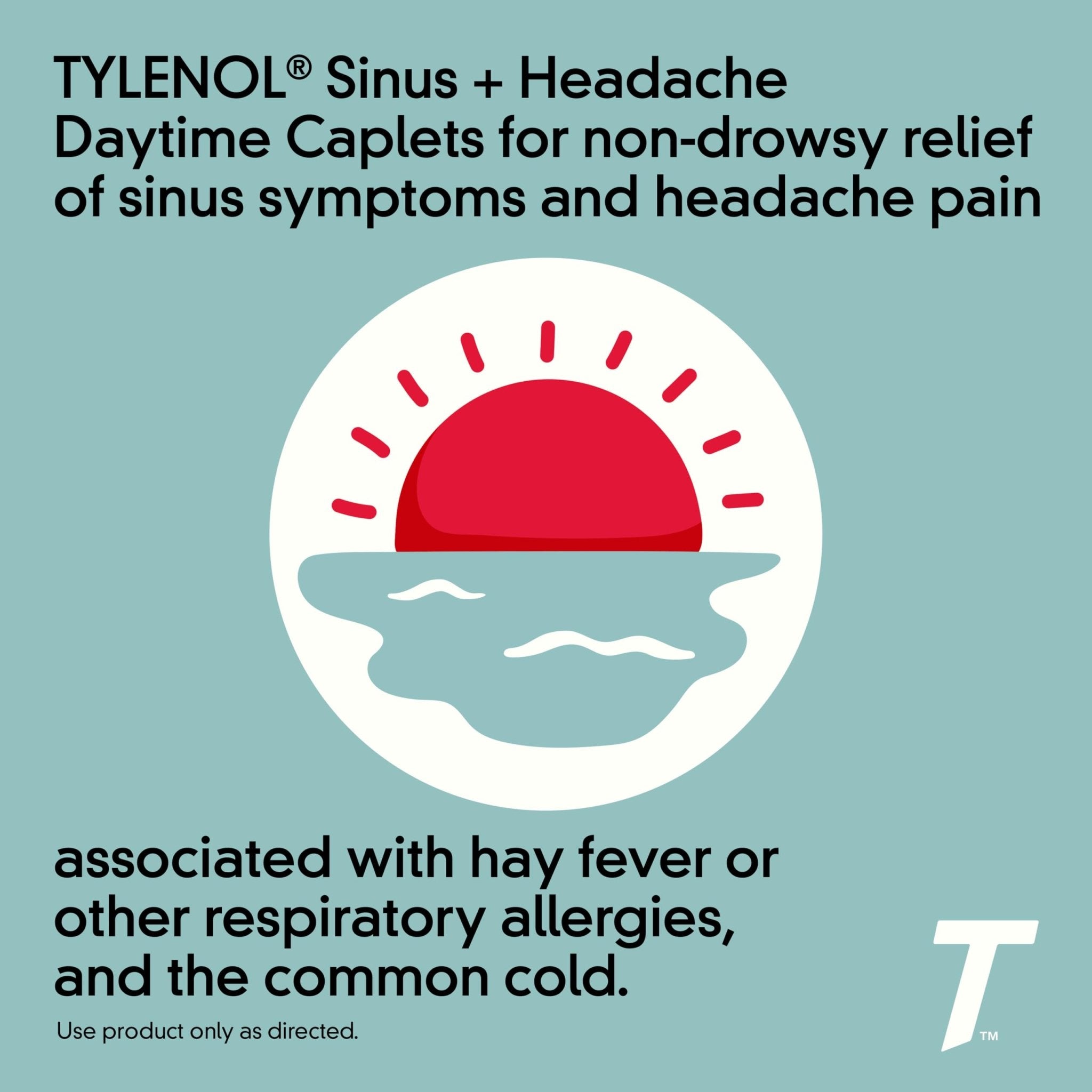 Tylenol Sinus + Headache Daytime Non-Drowsy Relief Caplets, Acetaminophen 325mg, Phenylephrine HCI 5mg, Nasal Decongestant for Sinus Pain, Headache & Nasal Congestion Relief, Fever Reduction, 24 Count - Maple Wellness Supplements