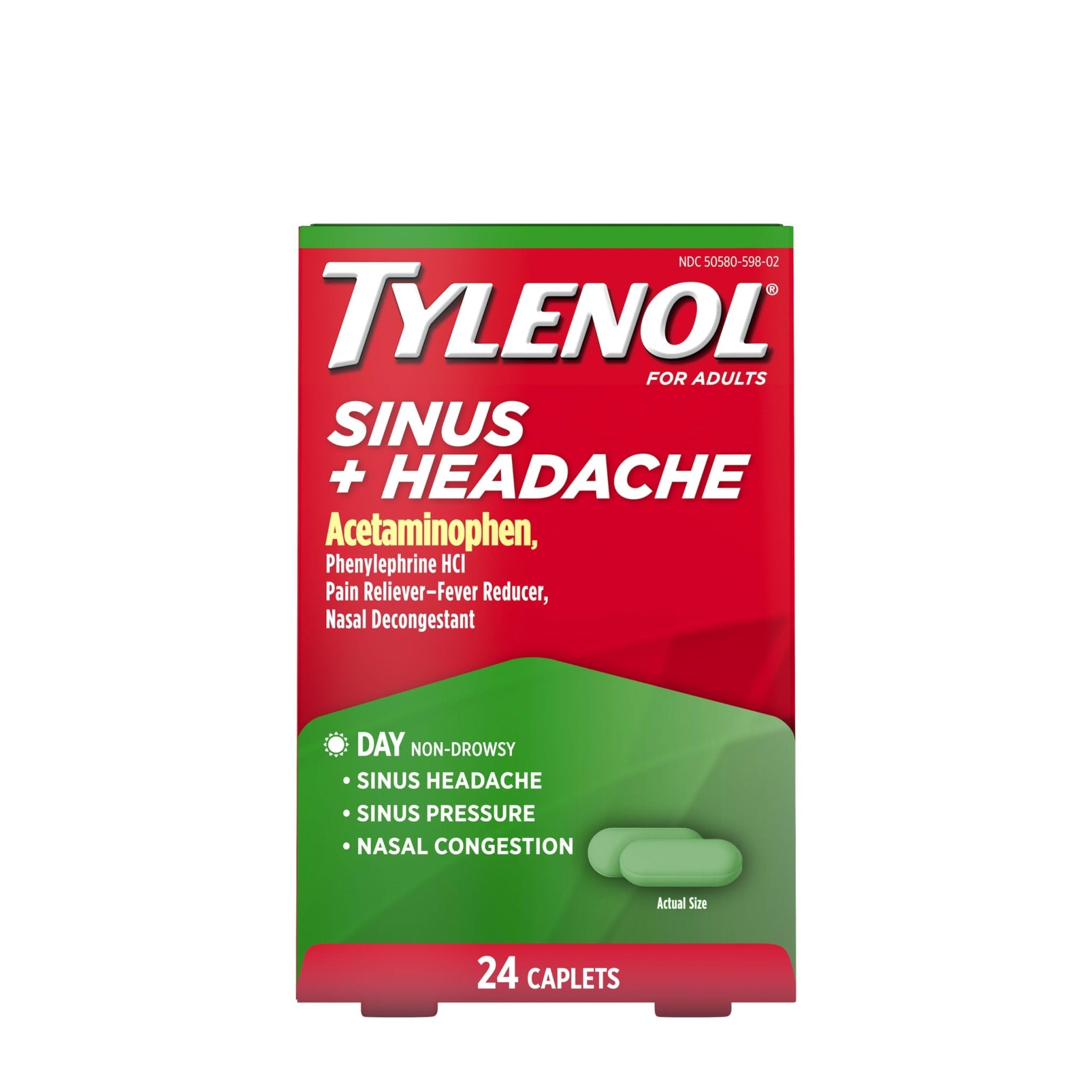 Tylenol Sinus + Headache Daytime Non-Drowsy Relief Caplets, Acetaminophen 325mg, Phenylephrine HCI 5mg, Nasal Decongestant for Sinus Pain, Headache & Nasal Congestion Relief, Fever Reduction, 24 Count - Maple Wellness Supplements
