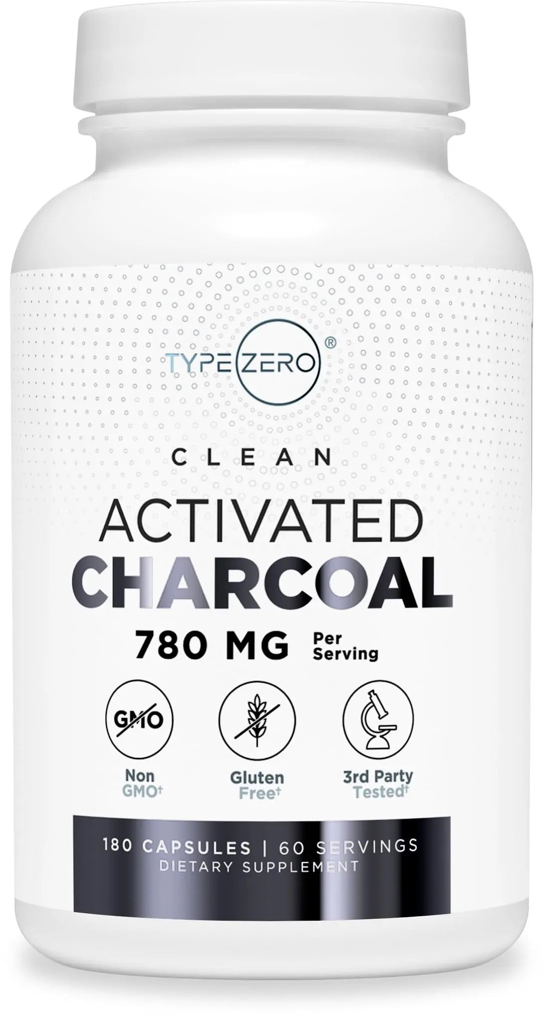 Type Zero Activated Charcoal Capsules (180 Count) - 60 Servings, 780mg Per Serving, from Coconut Shell, Non-GMO, Gluten-Free - TrustMedUSA