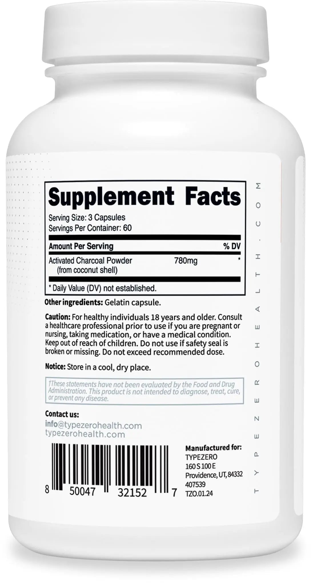 Type Zero Activated Charcoal Capsules (180 Count) - 60 Servings, 780mg Per Serving, from Coconut Shell, Non-GMO, Gluten-Free - TrustMedUSA