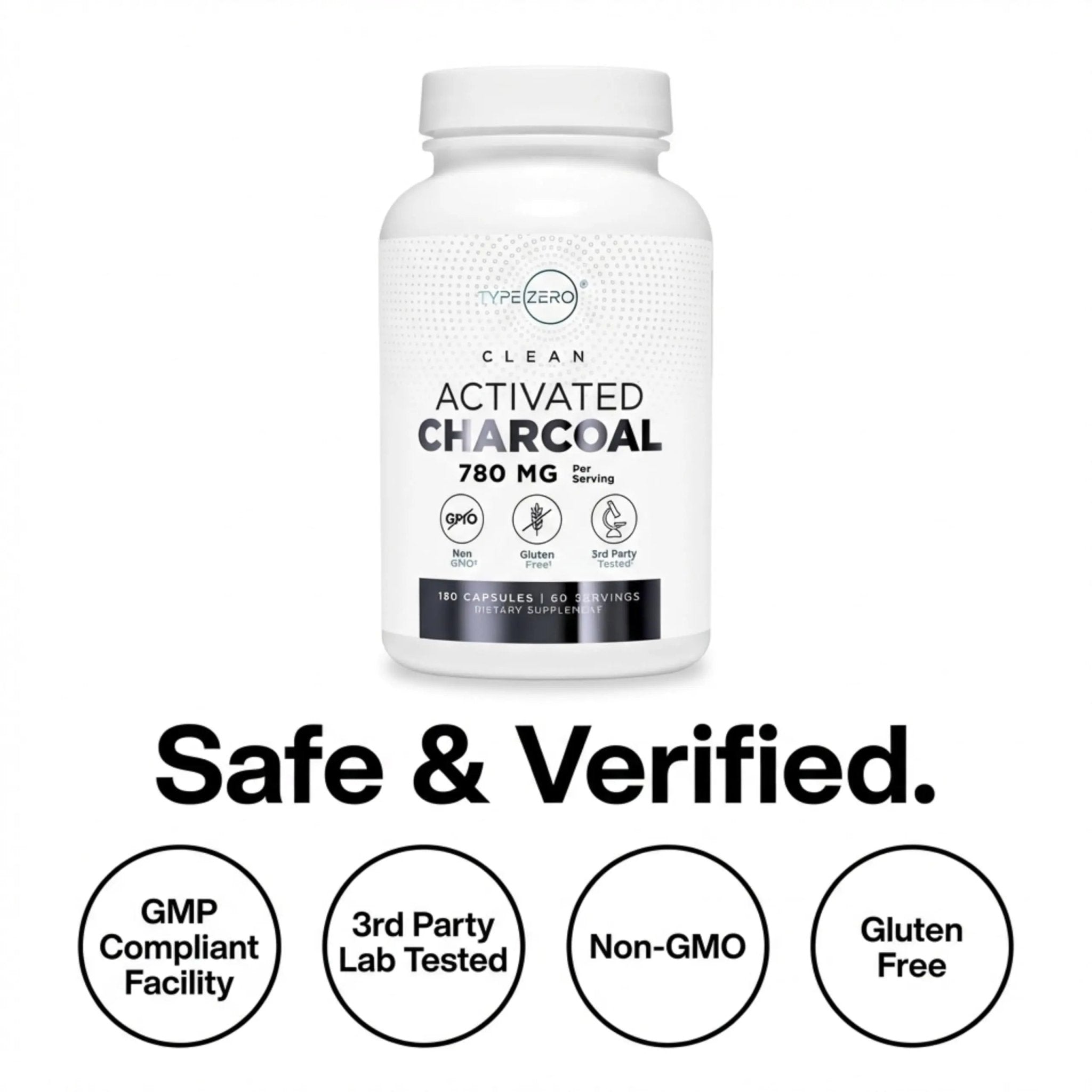 Type Zero Activated Charcoal Capsules (180 Count) - 60 Servings, 780mg Per Serving, from Coconut Shell, Non-GMO, Gluten-Free - TrustMedUSA