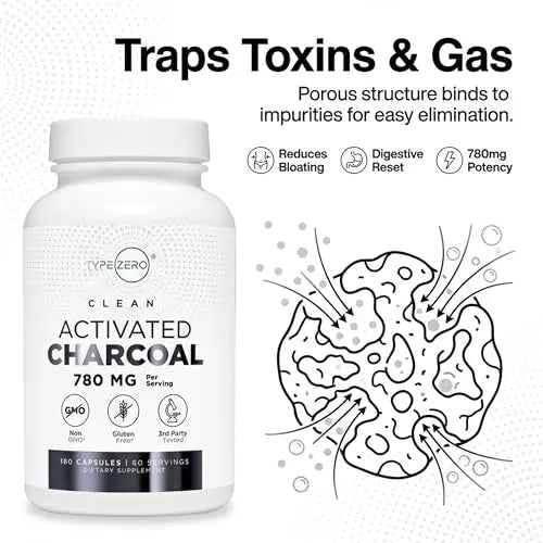Type Zero Activated Charcoal Capsules (180 Count) - 60 Servings, 780mg Per Serving, from Coconut Shell, Non-GMO, Gluten-Free - TrustMedUSA