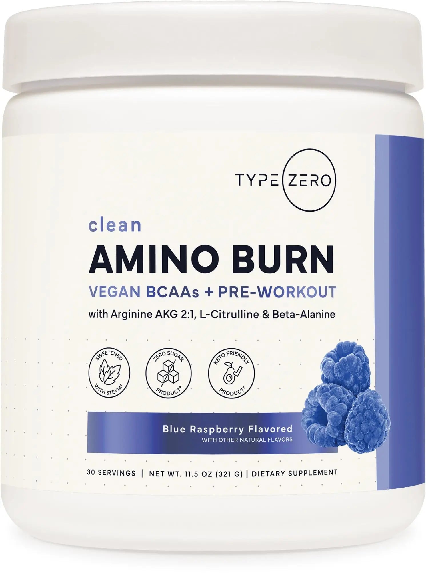 Type Zero Amino Burn - Vegan BCAA + Clean Pre Workout Powder with Arginine AKG, L-Citrulline & Beta Alanine - Amino Acid Clean Energy, Endurance & Hydration Supplement - Blue Raspberry, 30 Servings - TrustMedUSA