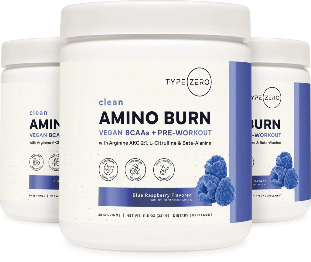 Type Zero Amino Burn - Vegan BCAA + Clean Pre Workout Powder with Arginine AKG, L-Citrulline & Beta Alanine - Amino Acid Clean Energy, Endurance & Hydration Supplement - Blue Raspberry, 30 Servings - TrustMedUSA