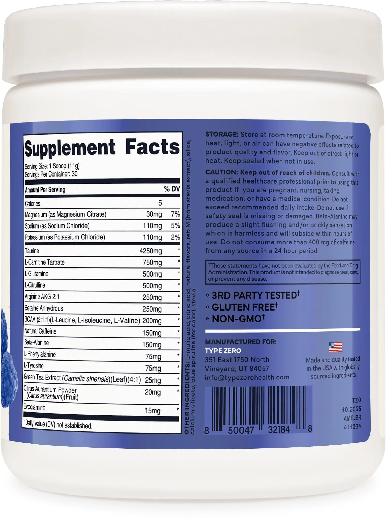 Type Zero Amino Burn - Vegan BCAA + Clean Pre Workout Powder with Arginine AKG, L-Citrulline & Beta Alanine - Amino Acid Clean Energy, Endurance & Hydration Supplement - Blue Raspberry, 30 Servings - TrustMedUSA