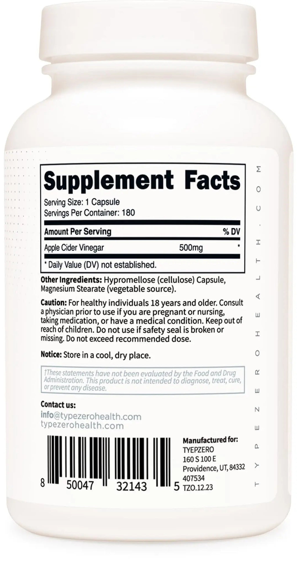 Type Zero Apple Cider Vinegar Capsules (180 Count) 500mg Per Serving - Non-GMO, Gluten-Free Supplement - TrustMedUSA
