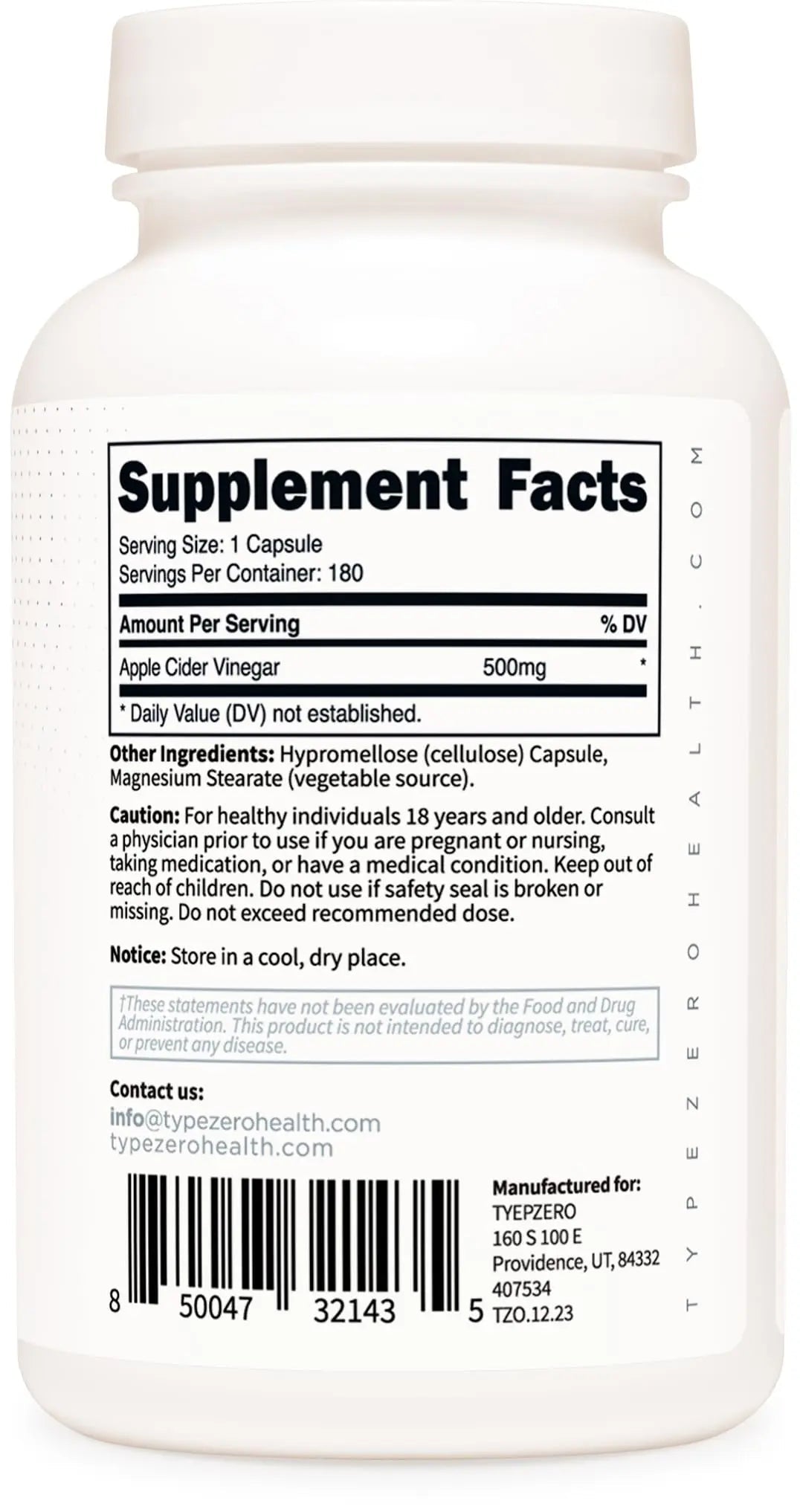 Type Zero Apple Cider Vinegar Capsules (180 Count) 500mg Per Serving - Non-GMO, Gluten-Free Supplement - TrustMedUSA