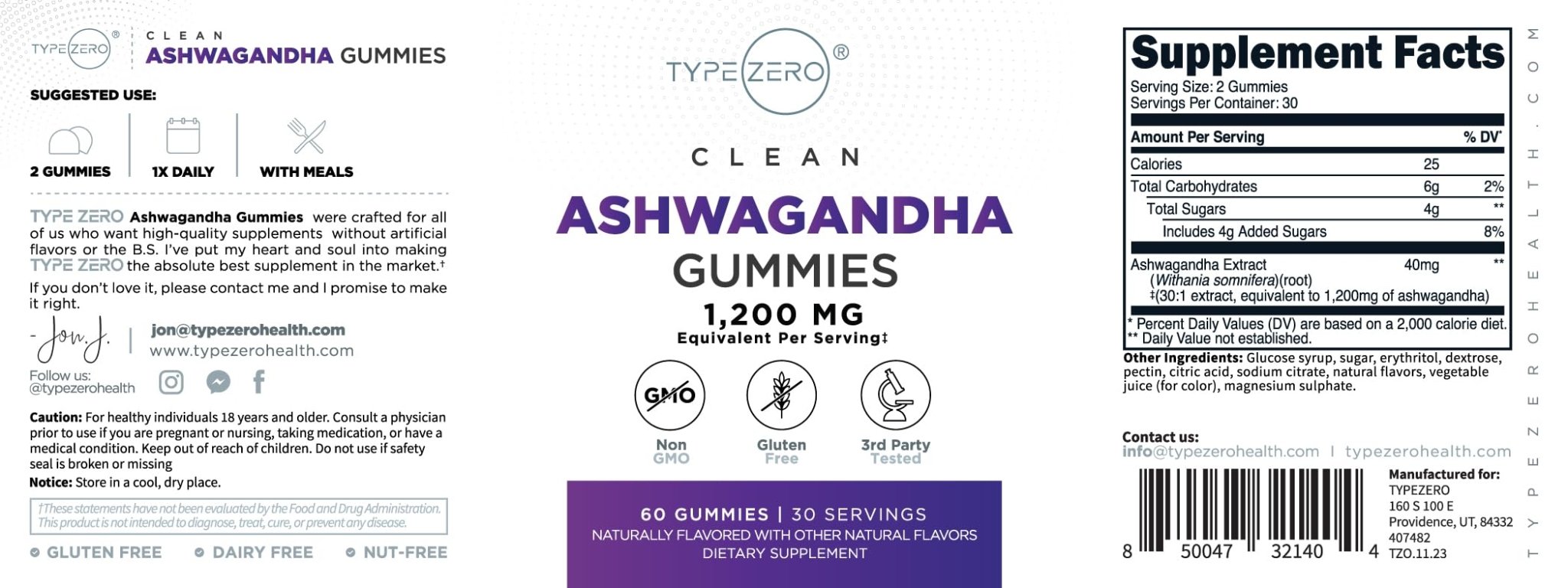 Type Zero Ashwagandha Gummies 60 Gummies for 30 Servings Per Bottle - Ashwagandha Herbal Extract Supplement, Gluten Free, GMO Free - TrustMedUSA