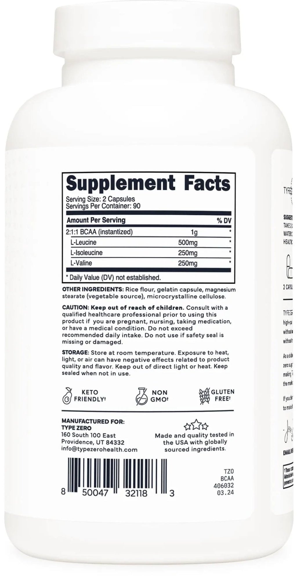 Type Zero BCAA 1000mg (180 Capsules, 90 Servings), Branched Chain Amino Acids (500mg of L-Leucine, 1000mg of L-Isoleucine and L-Valine) - TrustMedUSA