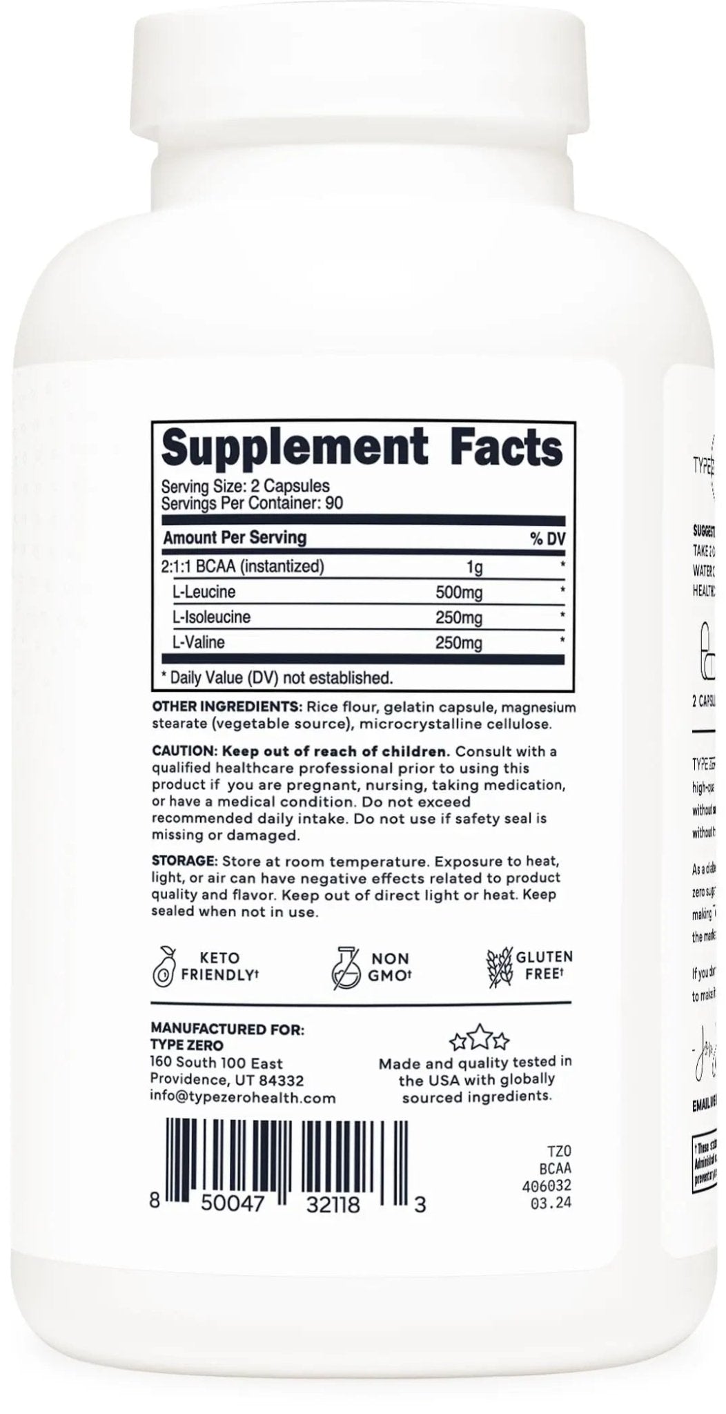 Type Zero BCAA 1000mg (180 Capsules, 90 Servings), Branched Chain Amino Acids (500mg of L-Leucine, 1000mg of L-Isoleucine and L-Valine) - TrustMedUSA