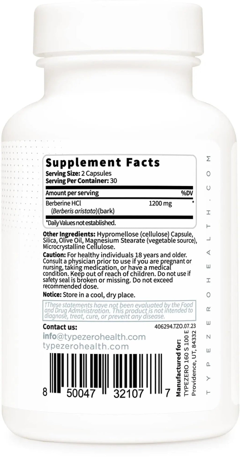 Type Zero Berberine HCL 1200mg 60 Capsules - Clean, Non-GMO, Gluten Free Supplement - TrustMedUSA
