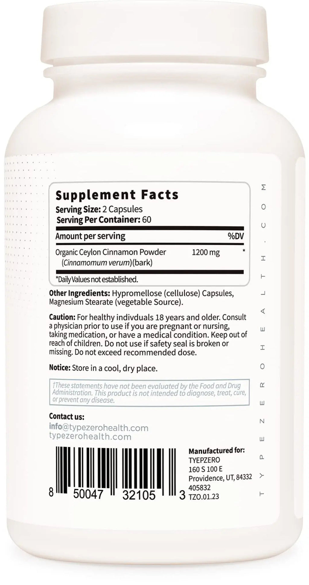 Type Zero Ceylon Cinnamon Capsules (1200mg | 120 Capsules) - Natural, Non-GMO, Gluten Free, Organic Cinnamon Bark Supplement - TrustMedUSA