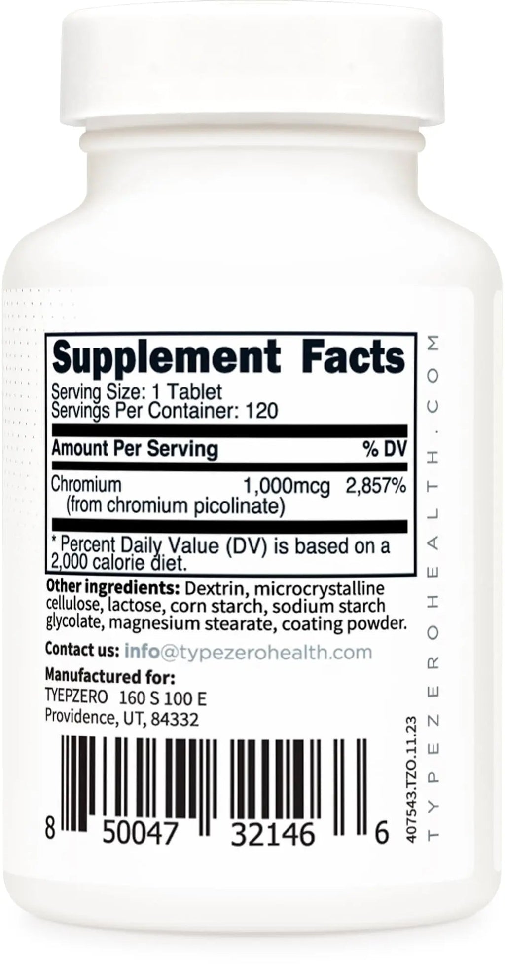 Type Zero Clean Chromium Picolinate Tablets (120 Servings, 1,000 MCG Per Serving) - Non-GMO, Gluten Free - TrustMedUSA