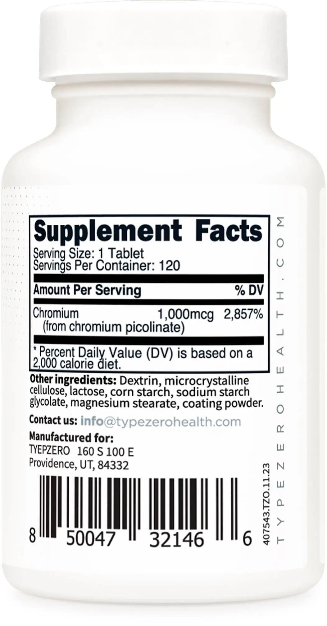 Type Zero Clean Chromium Picolinate Tablets (120 Servings, 1,000 MCG Per Serving) - Non-GMO, Gluten Free - TrustMedUSA