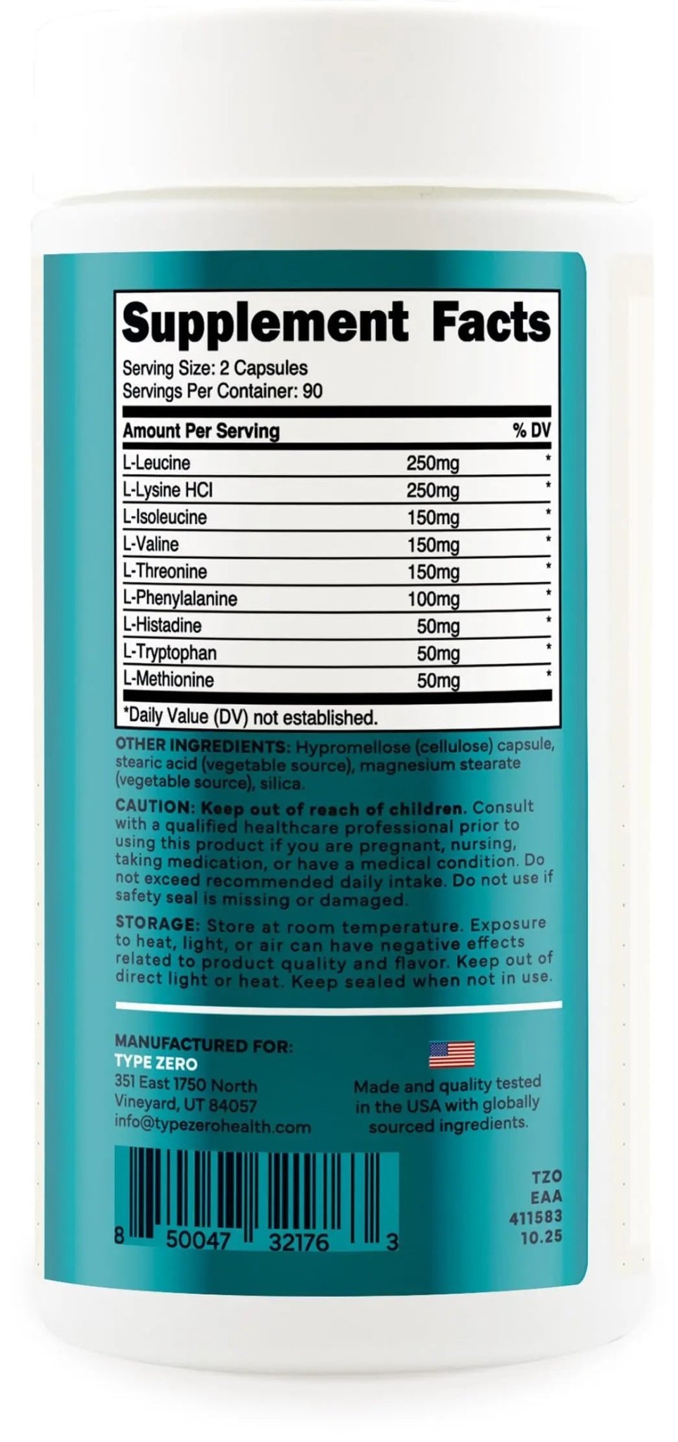 Type Zero Clean EAA Capsules (1,200mg per Serving), Essential Amino Acids Supplement with 9 EAAs, 180 Capsules, 90 Servings - TrustMedUSA