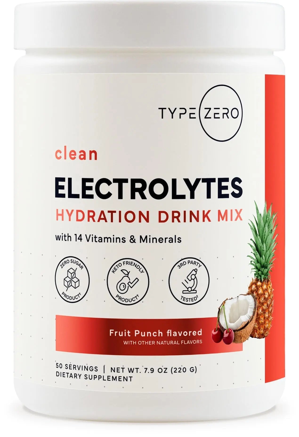 Type Zero Clean Electrolytes Hydration Powder Drink Mix + 14 Essential Vitamins & Minerals - Sugar Free, Zero Artificial Ingredients - Fruit Punch, 50 Servings - TrustMedUSA
