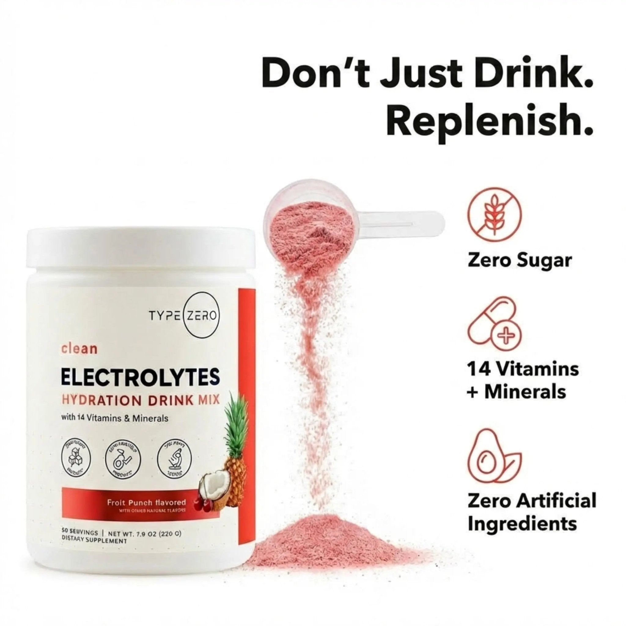 Type Zero Clean Electrolytes Hydration Powder Drink Mix + 14 Essential Vitamins & Minerals - Sugar Free, Zero Artificial Ingredients - Fruit Punch, 50 Servings - TrustMedUSA