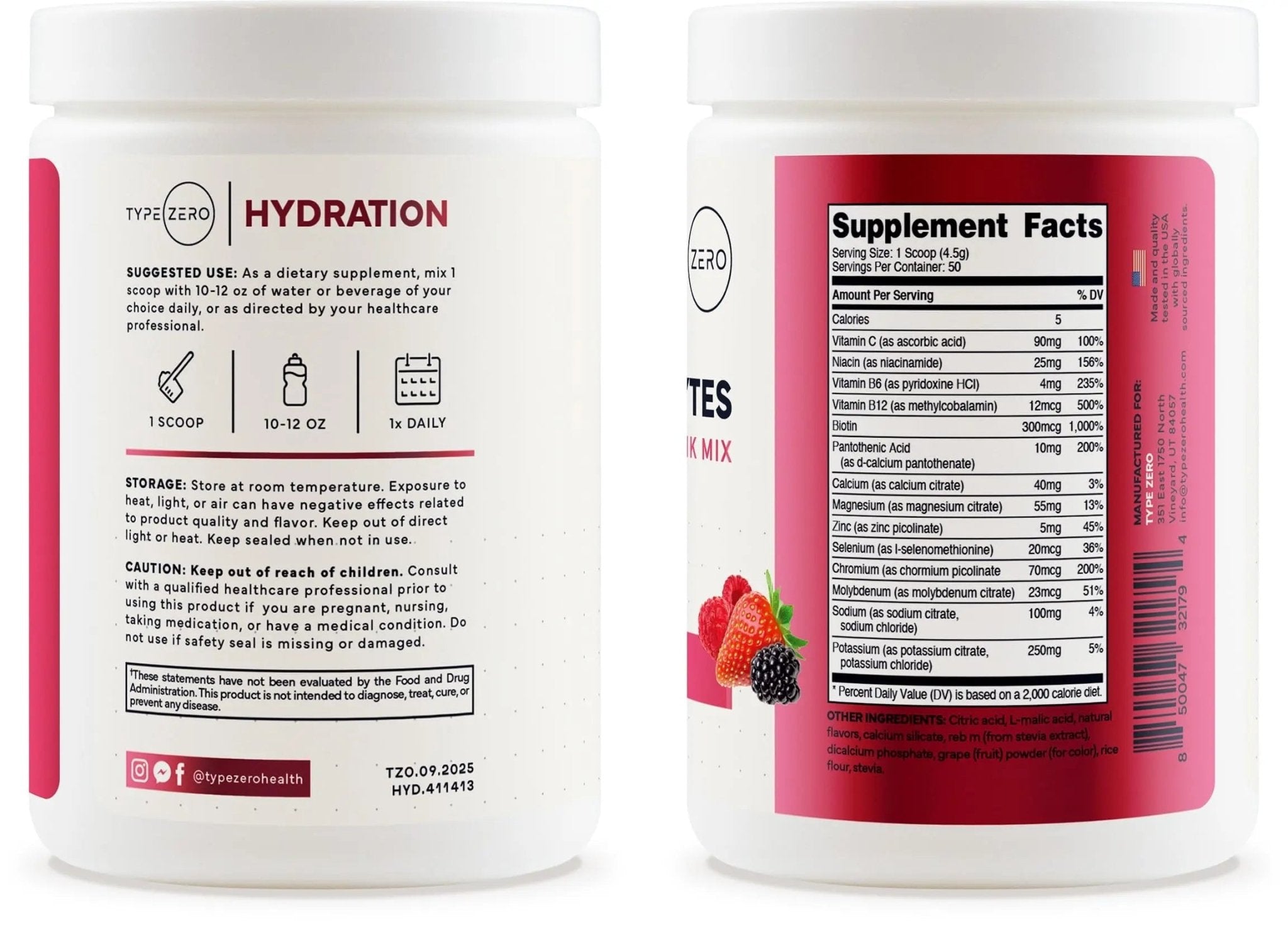 Type Zero Clean Electrolytes Hydration Powder Drink Mix + 14 Essential Vitamins & Minerals - Sugar Free, Zero Artificial Ingredients - Mixed Berry Flavor, 50 Servings - TrustMedUSA
