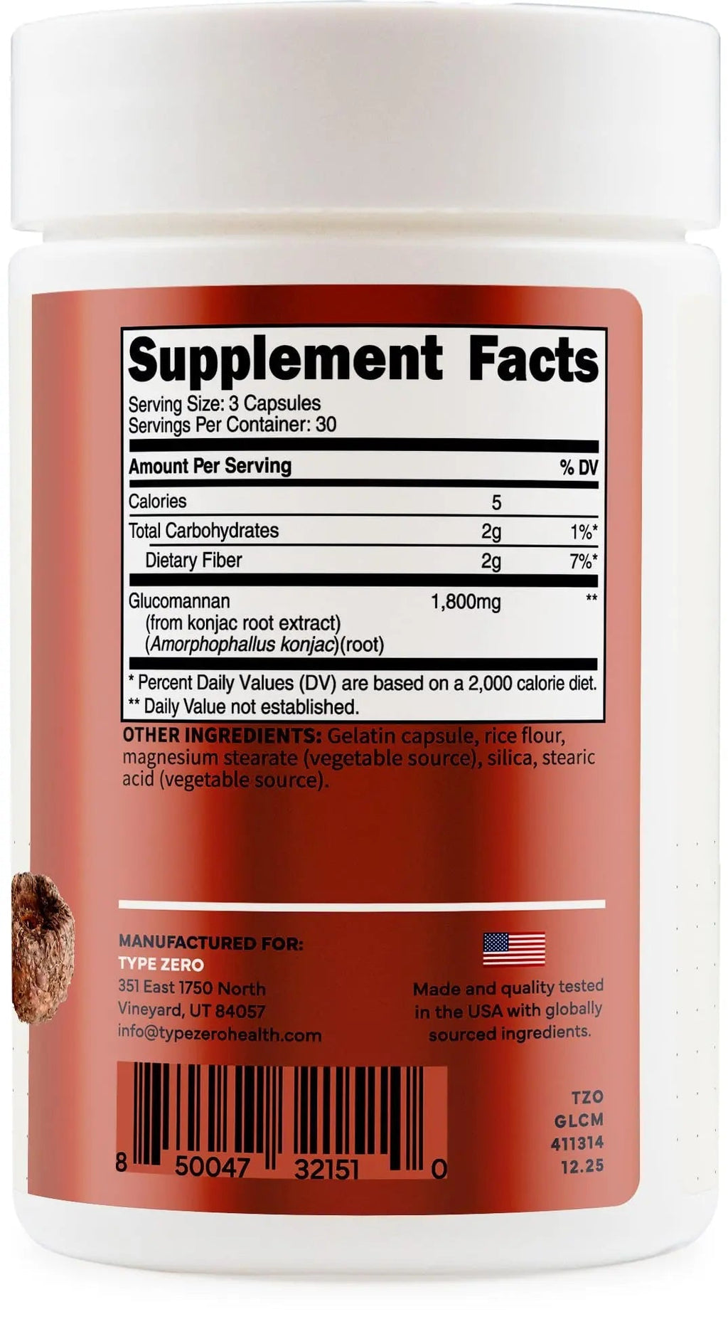 Type Zero Clean Glucomannan Konjac Root Extract (90 Capsules)(1,800 MG Per Serving) - 30 Servings, Non-GMO, Gluten Free - TrustMedUSA