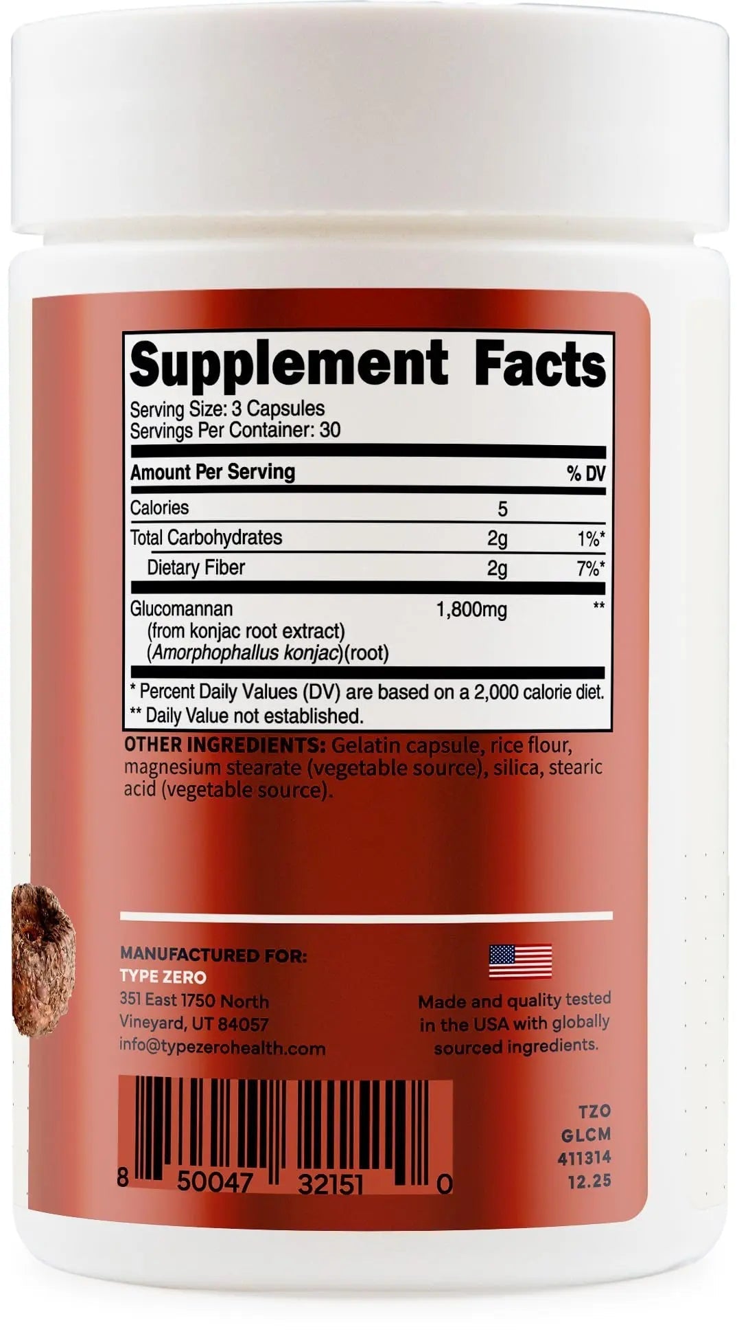Type Zero Clean Glucomannan Konjac Root Extract (90 Capsules)(1,800 MG Per Serving) - 30 Servings, Non-GMO, Gluten Free - TrustMedUSA