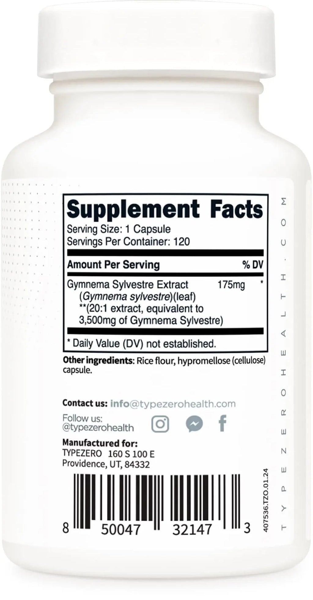 Type Zero Clean Gymnema Sylvestre 3,500mg Equivalent from 175mg of 20:1 Extract Per Serving, 120 Capsules for 120 Servings Per Bottle, Non-GMO. Gluten Free - TrustMedUSA
