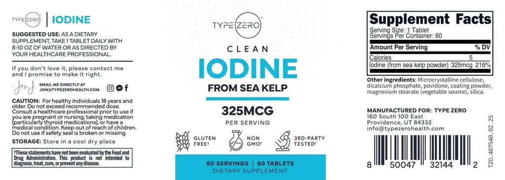 Type Zero Clean Iodine Tablets (60 Servings, 325 MCG Per Serving) - from Sea Kelp, Non-GMO, Gluten Free - TrustMedUSA