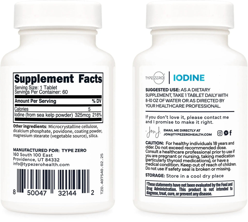 Type Zero Clean Iodine Tablets (60 Servings, 325 MCG Per Serving) - from Sea Kelp, Non-GMO, Gluten Free - TrustMedUSA