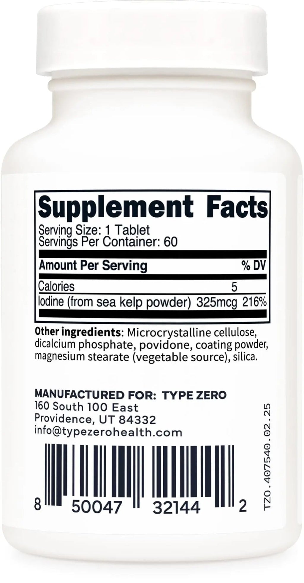 Type Zero Clean Iodine Tablets (60 Servings, 325 MCG Per Serving) - from Sea Kelp, Non-GMO, Gluten Free - TrustMedUSA