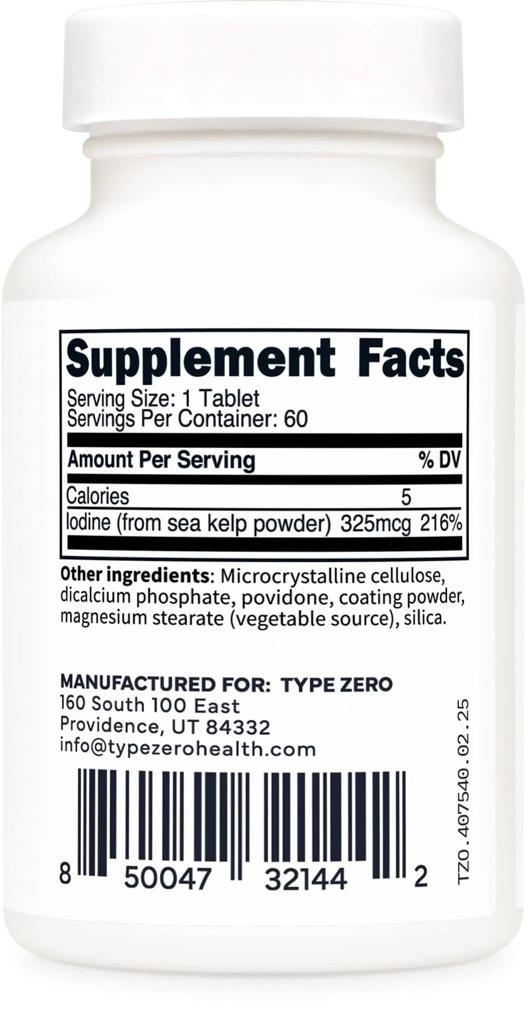 Type Zero Clean Iodine Tablets (60 Servings, 325 MCG Per Serving) - from Sea Kelp, Non-GMO, Gluten Free - TrustMedUSA