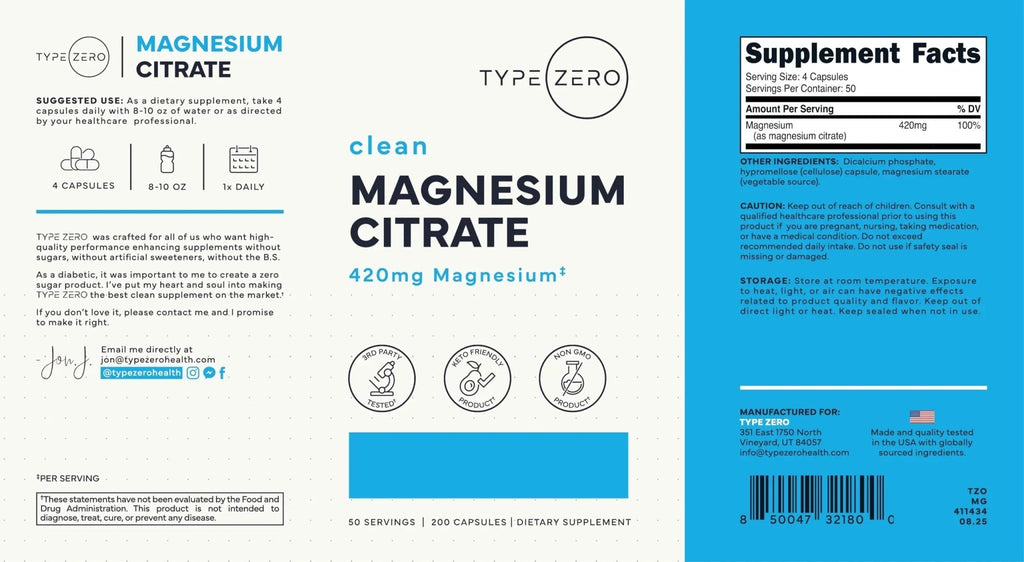 Type Zero Clean Magnesium Citrate Capsules (420mg Per Serving - 200 Capsules) Pure Magnesium Citrate Supplement, Non-GMO - Gluten Free, 50 Servings - TrustMedUSA