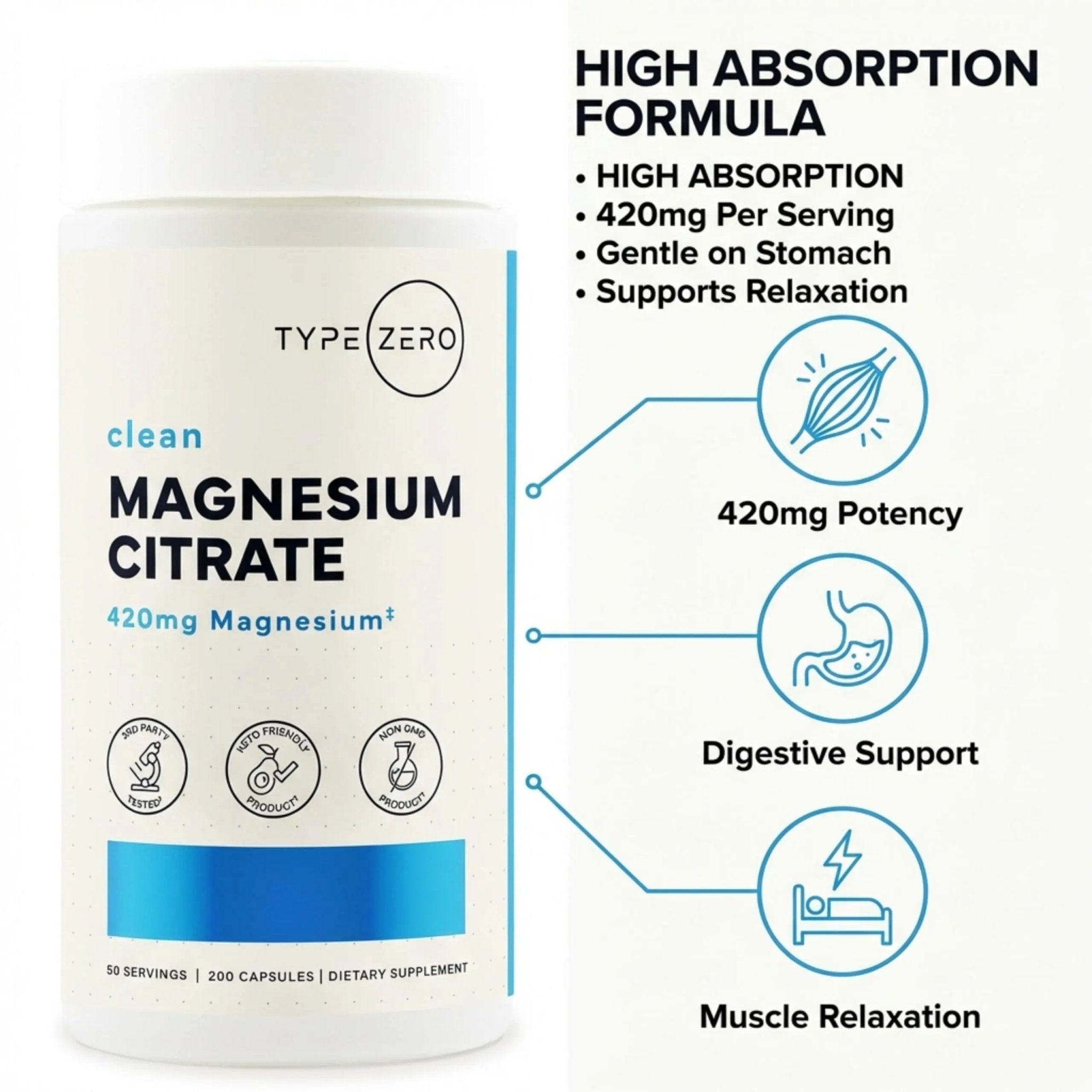 Type Zero Clean Magnesium Citrate Capsules (420mg Per Serving - 200 Capsules) Pure Magnesium Citrate Supplement, Non-GMO - Gluten Free, 50 Servings - TrustMedUSA