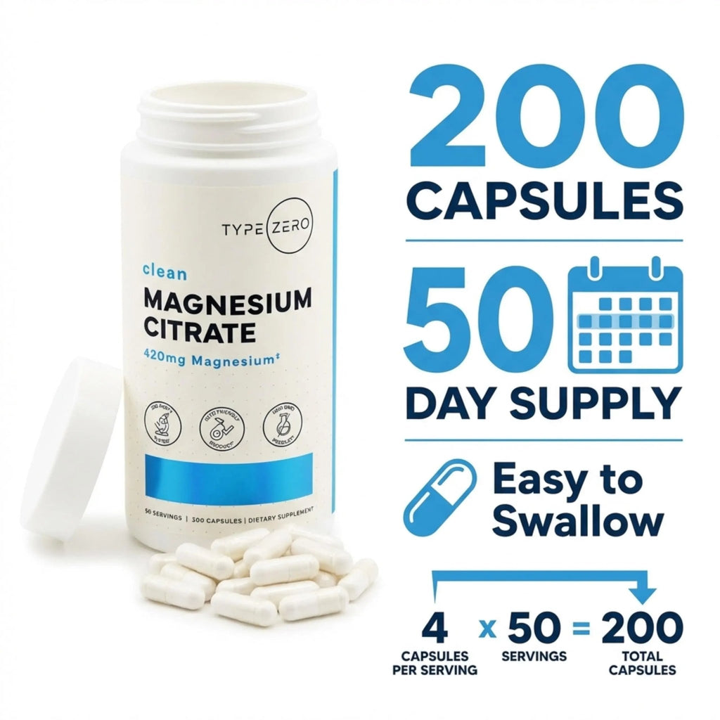Type Zero Clean Magnesium Citrate Capsules (420mg Per Serving - 200 Capsules) Pure Magnesium Citrate Supplement, Non-GMO - Gluten Free, 50 Servings - TrustMedUSA