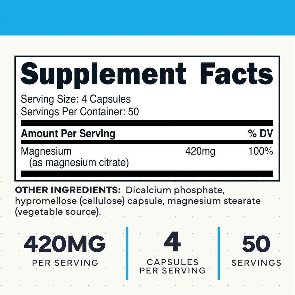 Type Zero Clean Magnesium Citrate Capsules (420mg Per Serving - 200 Capsules) Pure Magnesium Citrate Supplement, Non-GMO - Gluten Free, 50 Servings - TrustMedUSA