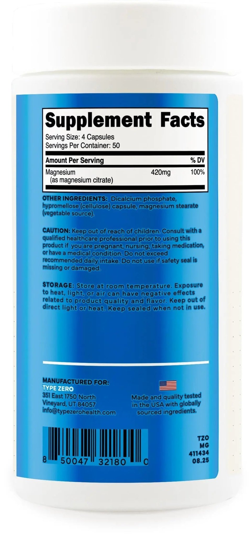 Type Zero Clean Magnesium Citrate Capsules (420mg Per Serving - 200 Capsules) Pure Magnesium Citrate Supplement, Non-GMO - Gluten Free, 50 Servings - TrustMedUSA