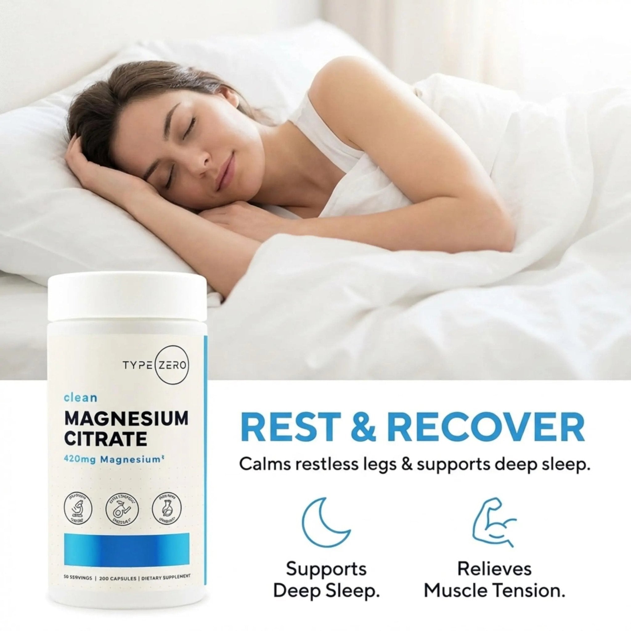 Type Zero Clean Magnesium Citrate Capsules (420mg Per Serving - 200 Capsules) Pure Magnesium Citrate Supplement, Non-GMO - Gluten Free, 50 Servings - TrustMedUSA