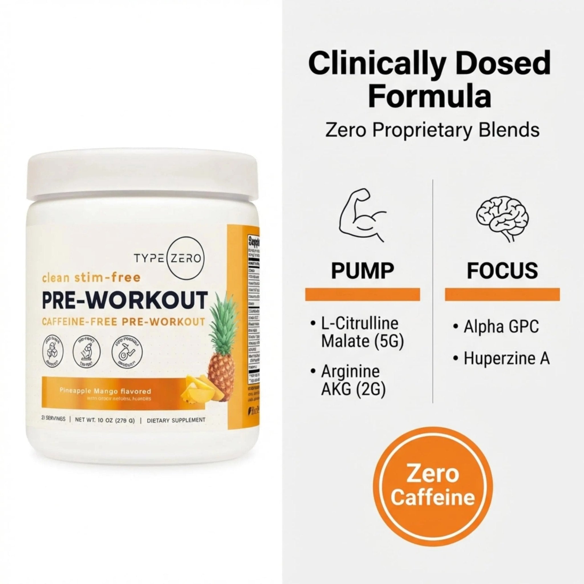 Type Zero Clean Stim Free Pre Workout Powder + Nitric Oxide Booster with L-Citrulline Malate, Arginine AKG, Beta Alanine - Caffeine & Stimulant Free - Pineapple Mango Flavor, 21 Servings - TrustMedUSA