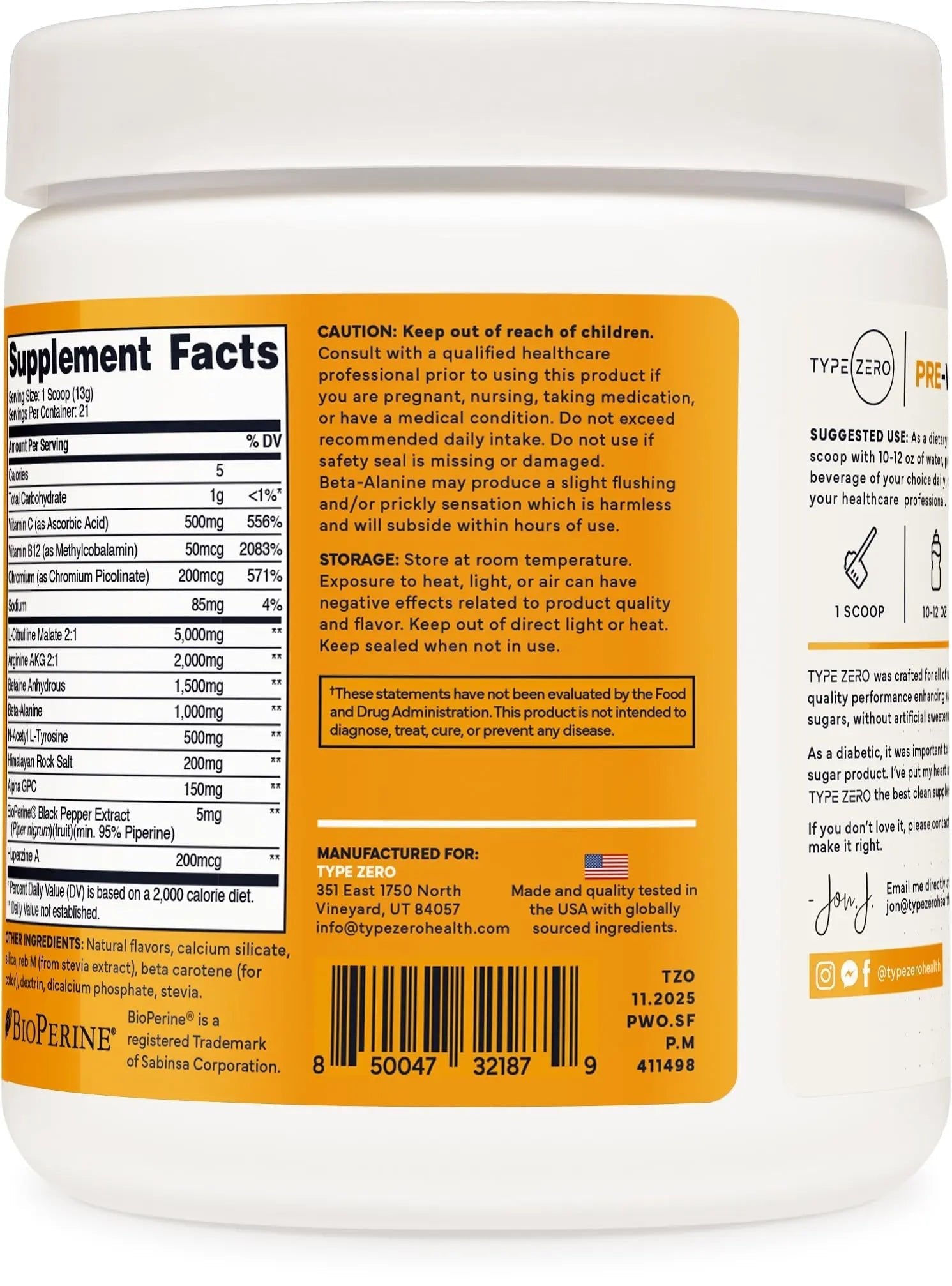 Type Zero Clean Stim Free Pre Workout Powder + Nitric Oxide Booster with L-Citrulline Malate, Arginine AKG, Beta Alanine - Caffeine & Stimulant Free - Pineapple Mango Flavor, 21 Servings - TrustMedUSA