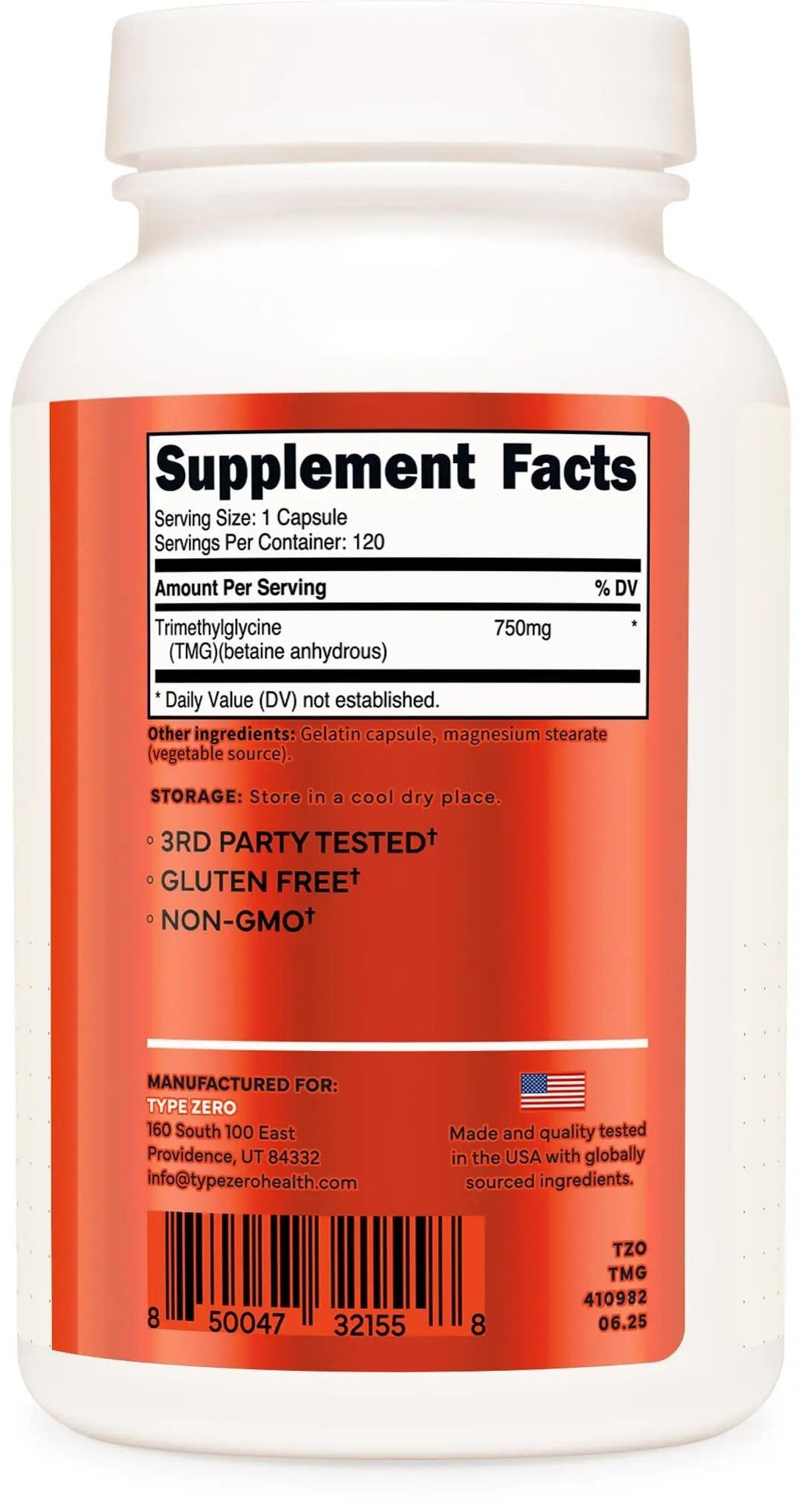 Type Zero Clean TMG Trimethylglycine Capsules (120 Servings) - Non GMO, Gluten Free - TrustMedUSA