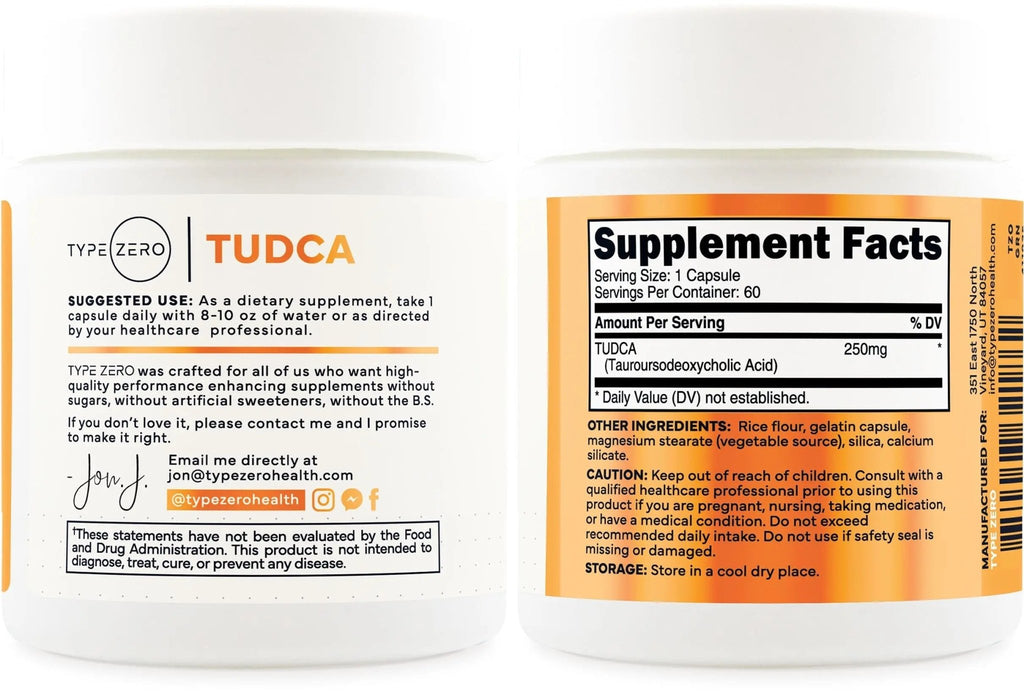 Type Zero Clean TUDCA Capsules 250mg - Pure Tauroursodeoxycholic Acid Supplement - Bile Salt Derivative - 60 Capsules, 60 Servings - TrustMedUSA