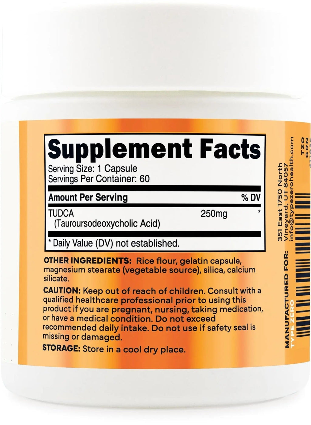 Type Zero Clean TUDCA Capsules 250mg - Pure Tauroursodeoxycholic Acid Supplement - Bile Salt Derivative - 60 Capsules, 60 Servings - TrustMedUSA