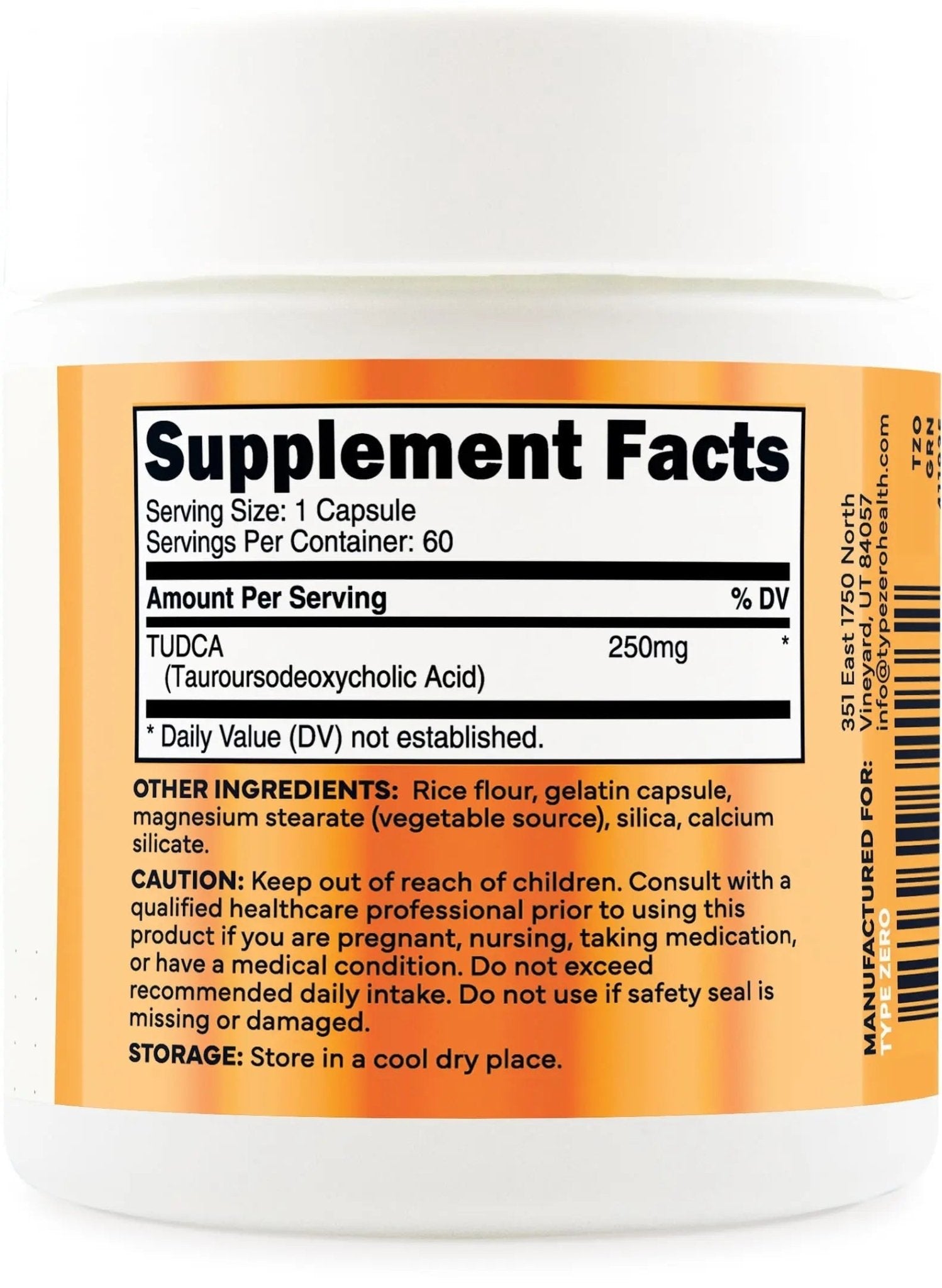 Type Zero Clean TUDCA Capsules 250mg - Pure Tauroursodeoxycholic Acid Supplement - Bile Salt Derivative - 60 Capsules, 60 Servings - TrustMedUSA