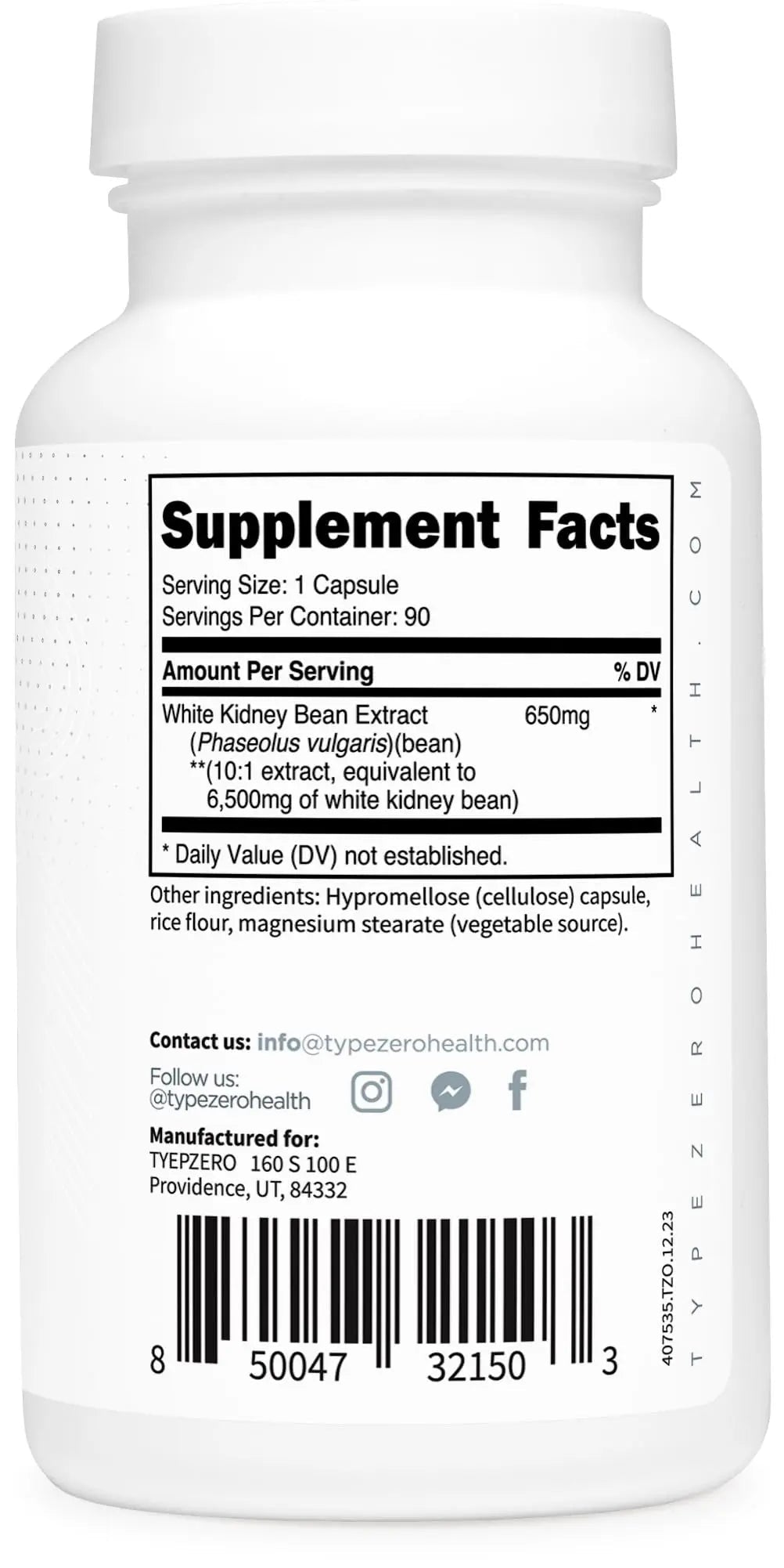 Type Zero Clean White Kidney Bean Capsules (6,500 MG Equivalent Per Serving, 90 Count) - Non-GMO, Gluten Free - TrustMedUSA