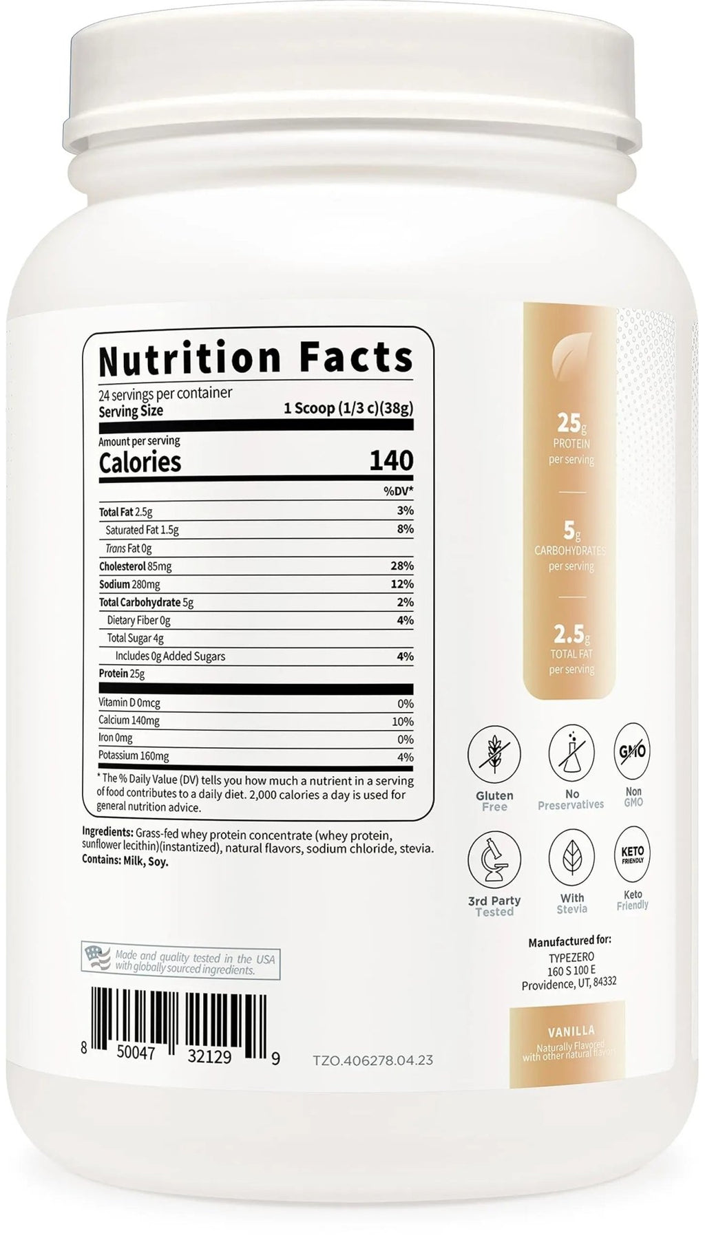 Type Zero Grass Fed Whey Protein Concentrate Powder (Vanilla, 2LBS) - Gluten Free - TrustMedUSA
