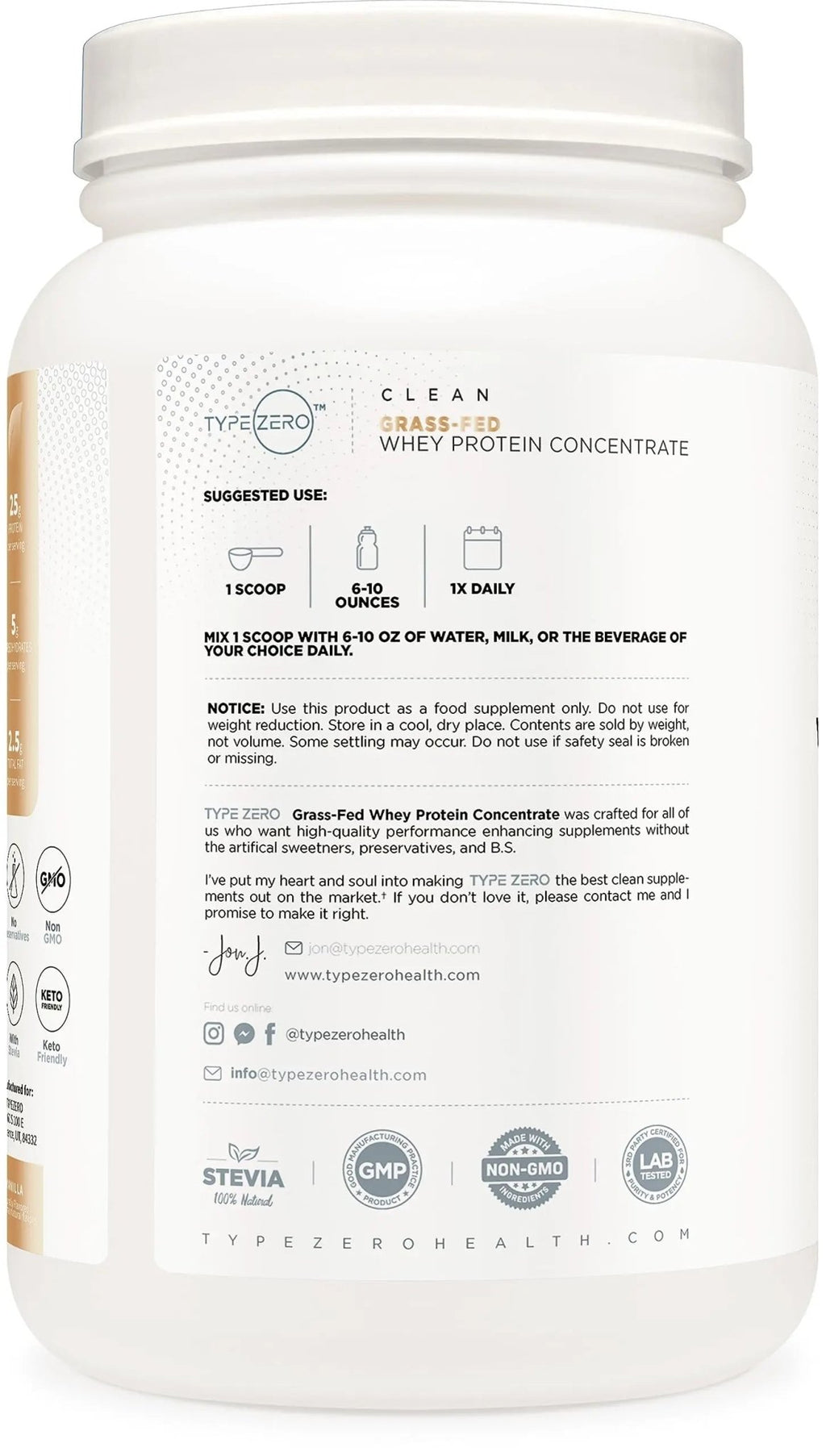Type Zero Grass Fed Whey Protein Concentrate Powder (Vanilla, 2LBS) - Gluten Free - TrustMedUSA