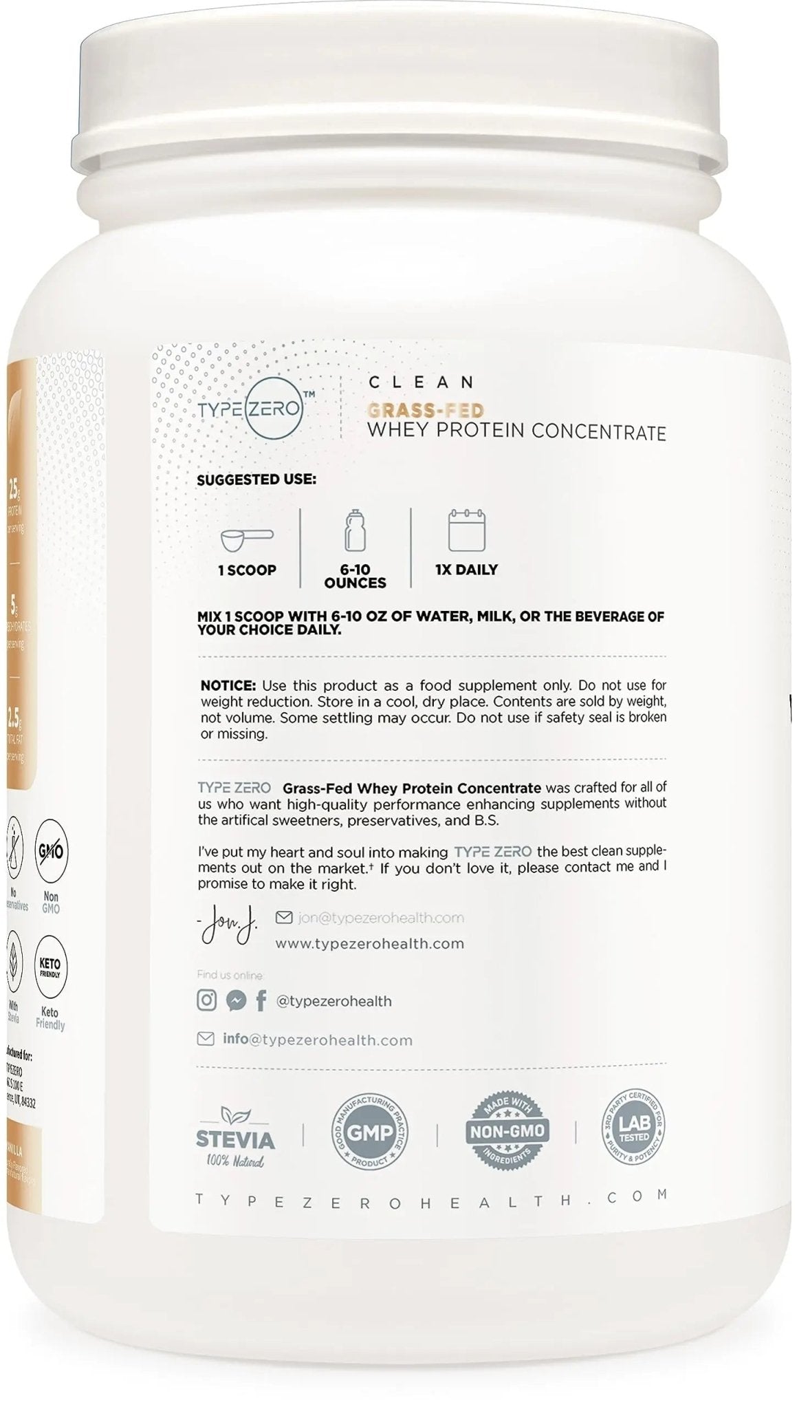 Type Zero Grass Fed Whey Protein Concentrate Powder (Vanilla, 2LBS) - Gluten Free - TrustMedUSA