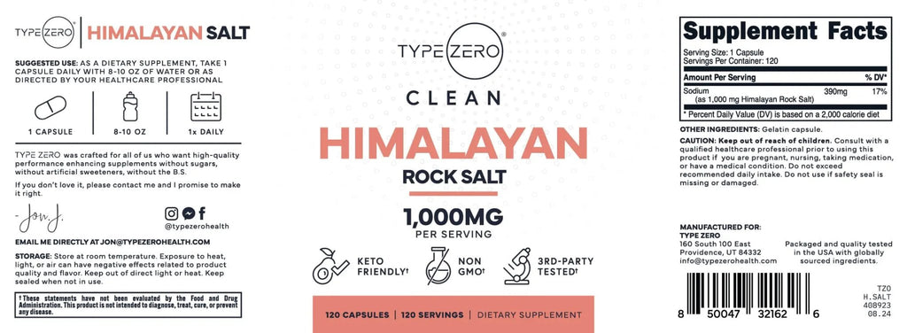 Type Zero Himalayan Rock Salt Capsules (120 Capsules) (1000mg per Serving) - TrustMedUSA